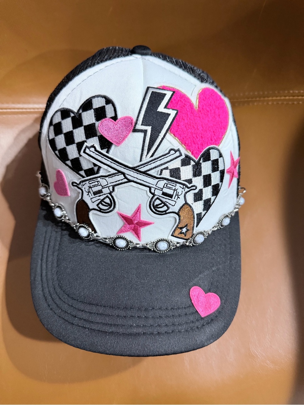 Embellished Trucker Hat with Pink Hearts & Crossed Pistols